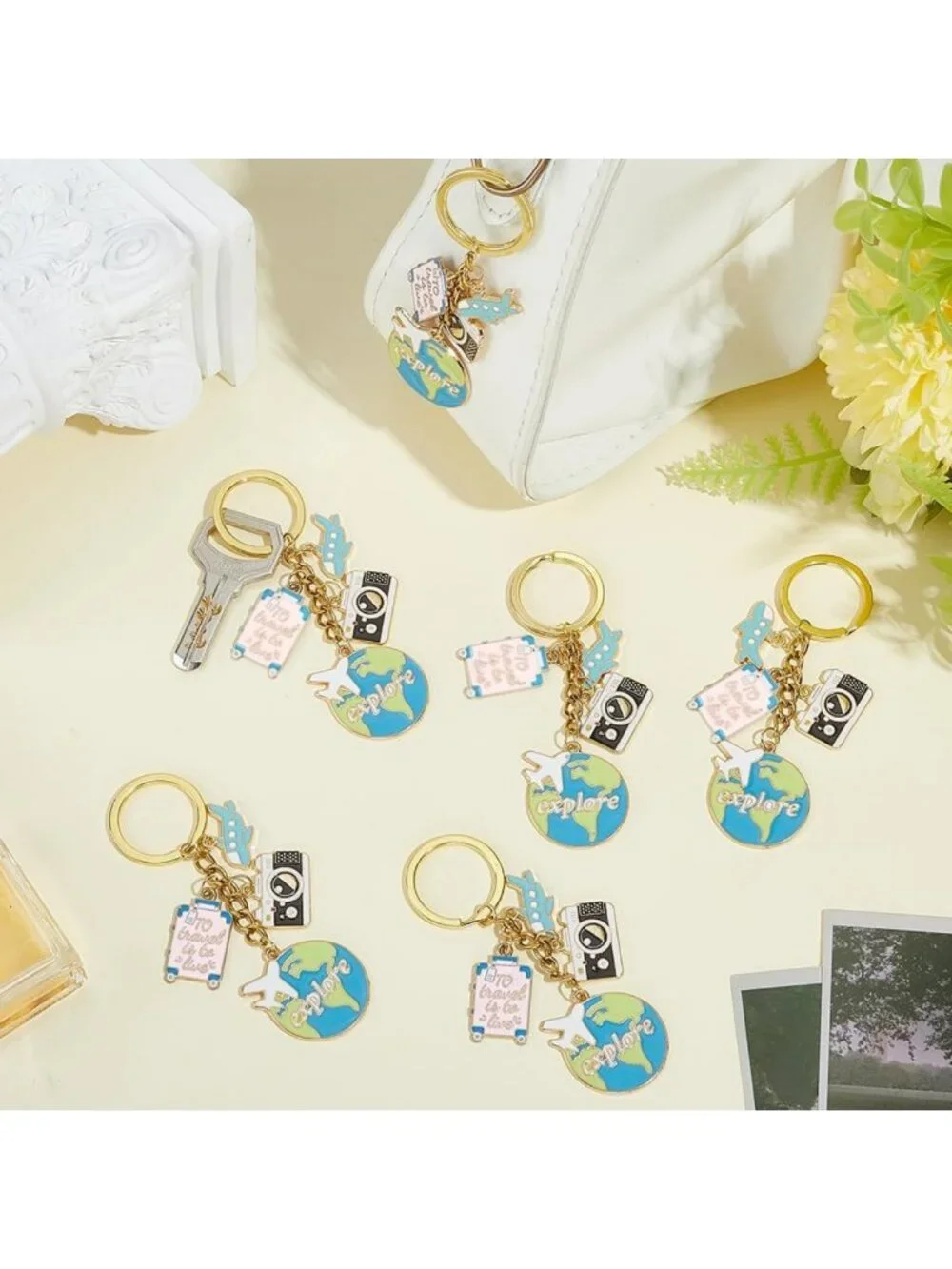 Travel Keychain Set - 10 Enamel Airplane & Earth Map Keychains for Adventure